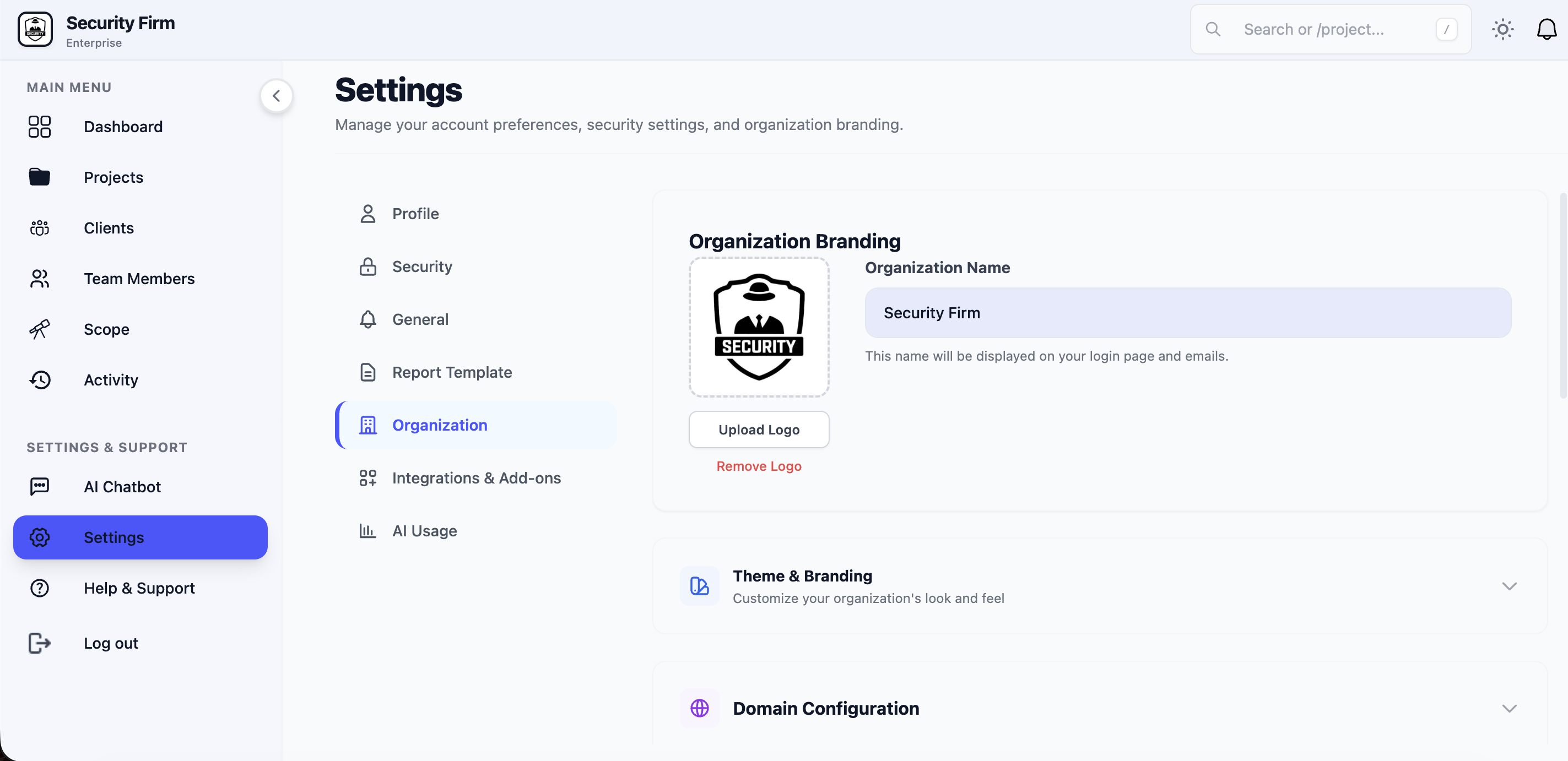 Organization Whitelabeling Settings Screen with Custom Branding Presets